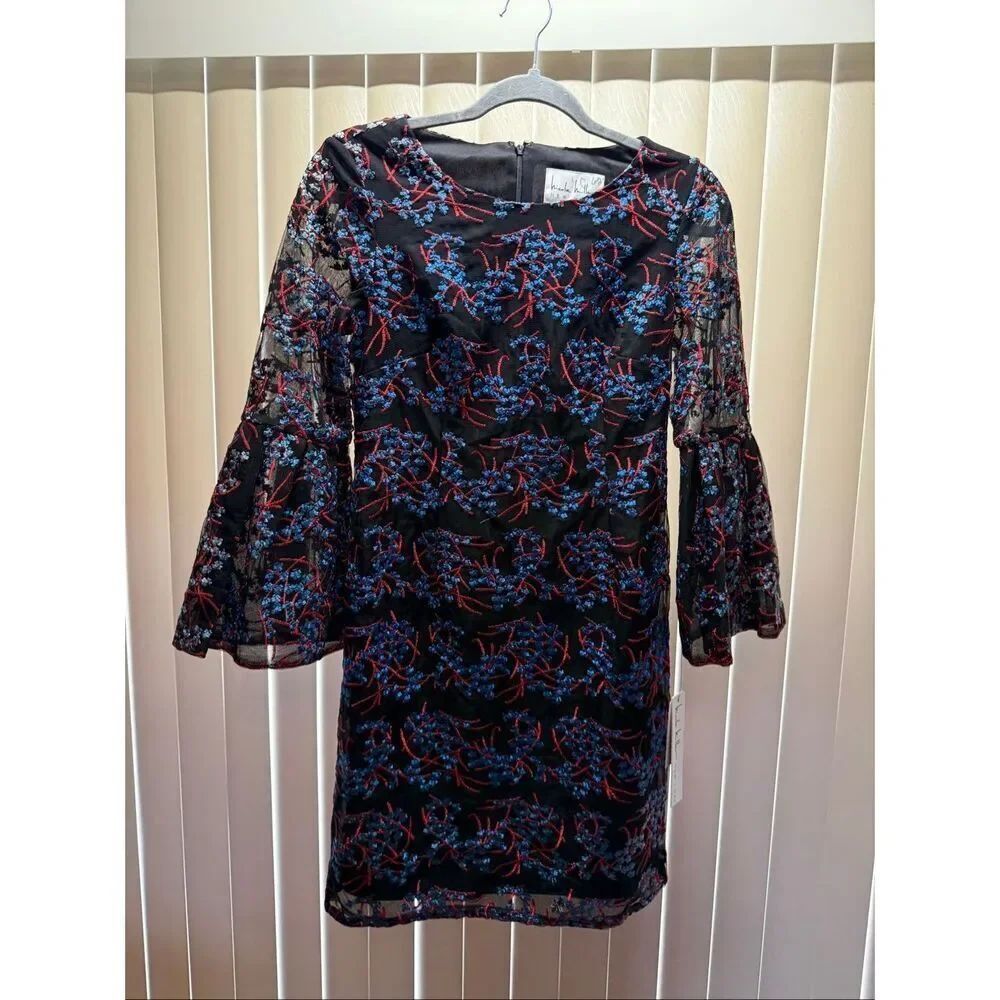 Nicole Miller Embroidered Mesh Dress Black Red Blue Sheer Bell Sleeve Cocktail S - Picture 3 of 13
